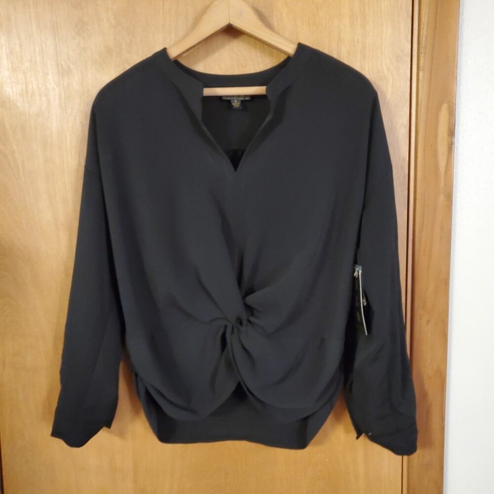 OLM Twist Front Blouse Roll Tab Sleeves Womens M Black NWT
